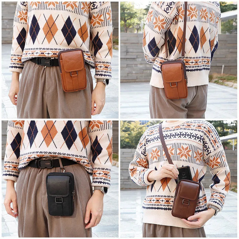 Men's genuine leather crossbody waist bag in black with lock detail and vertical square shape