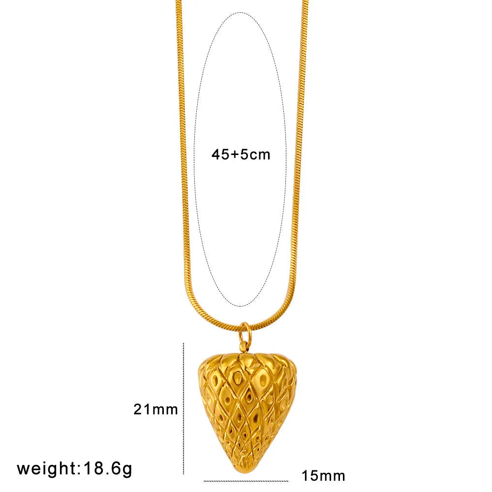 Stainless steel fruit necklace pendant on a chain, showing apple, grape, watermelon, pineapple, strawberry, and banana charm options.