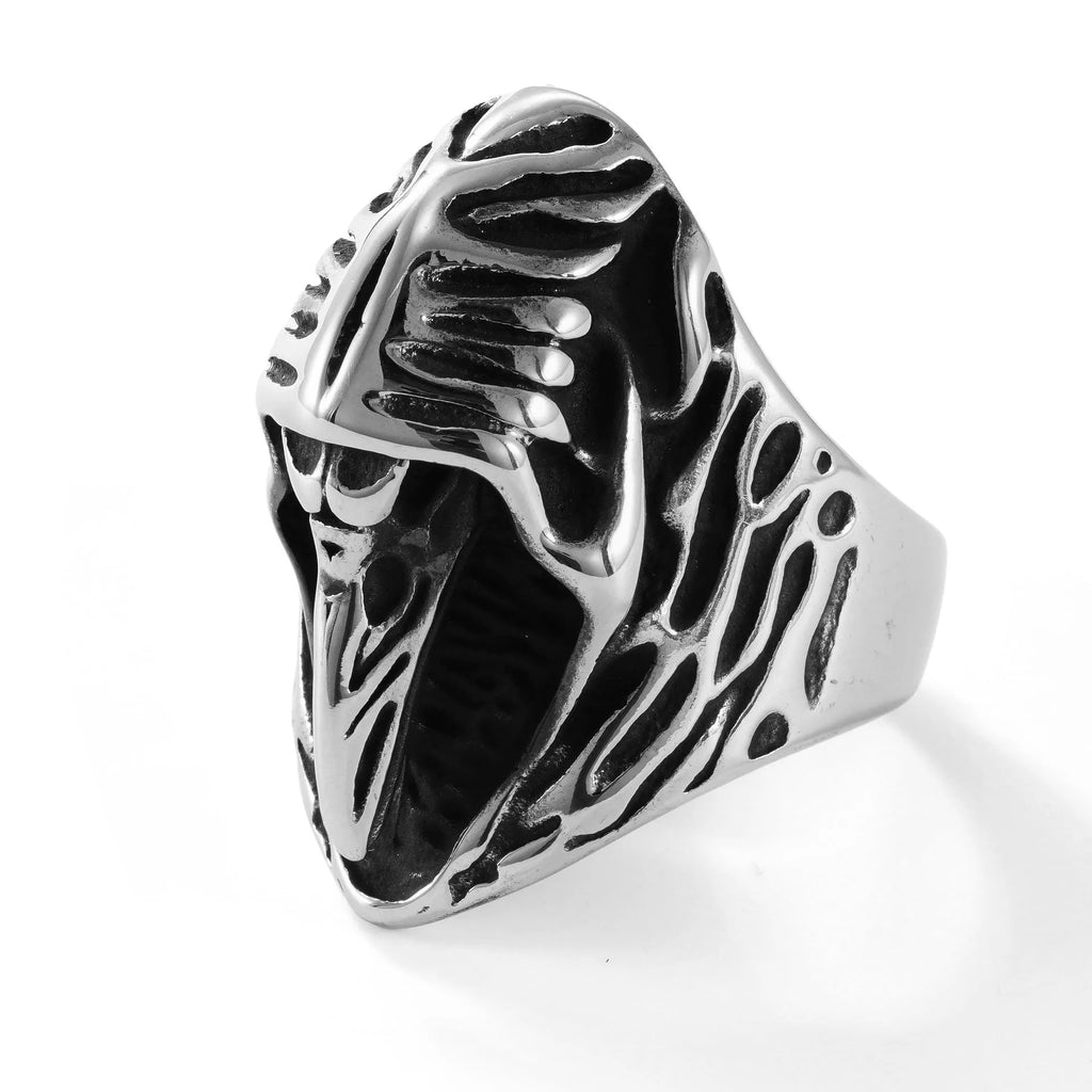 Titanium steel geometric crow punk ring in MR166 colour on a plain background.