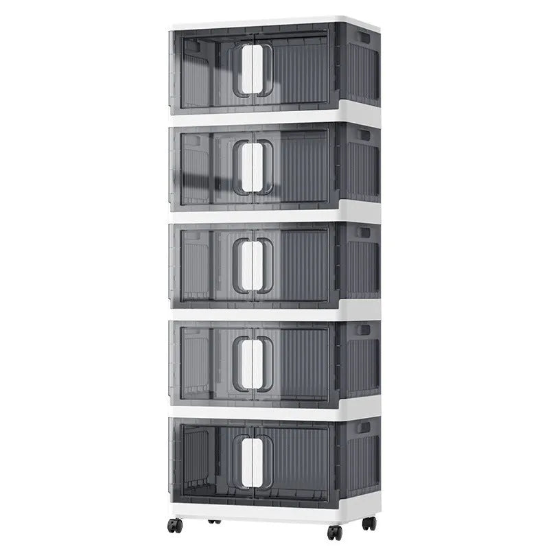 Foldable household storage locker with wheels in white or grey, showing shelf layers and door.