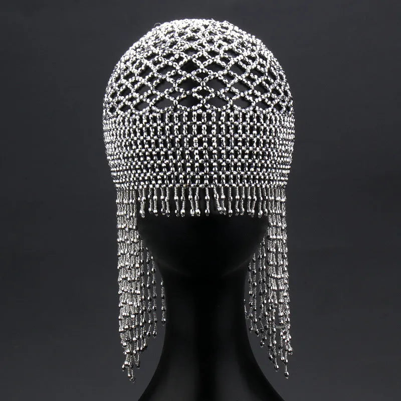 Belly dance hat with alloy tile and beaded tassels in black or silver finish