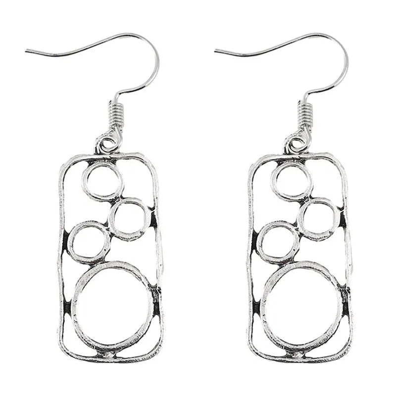 Geometric round ring earrings with irregular square design in antique silver finish