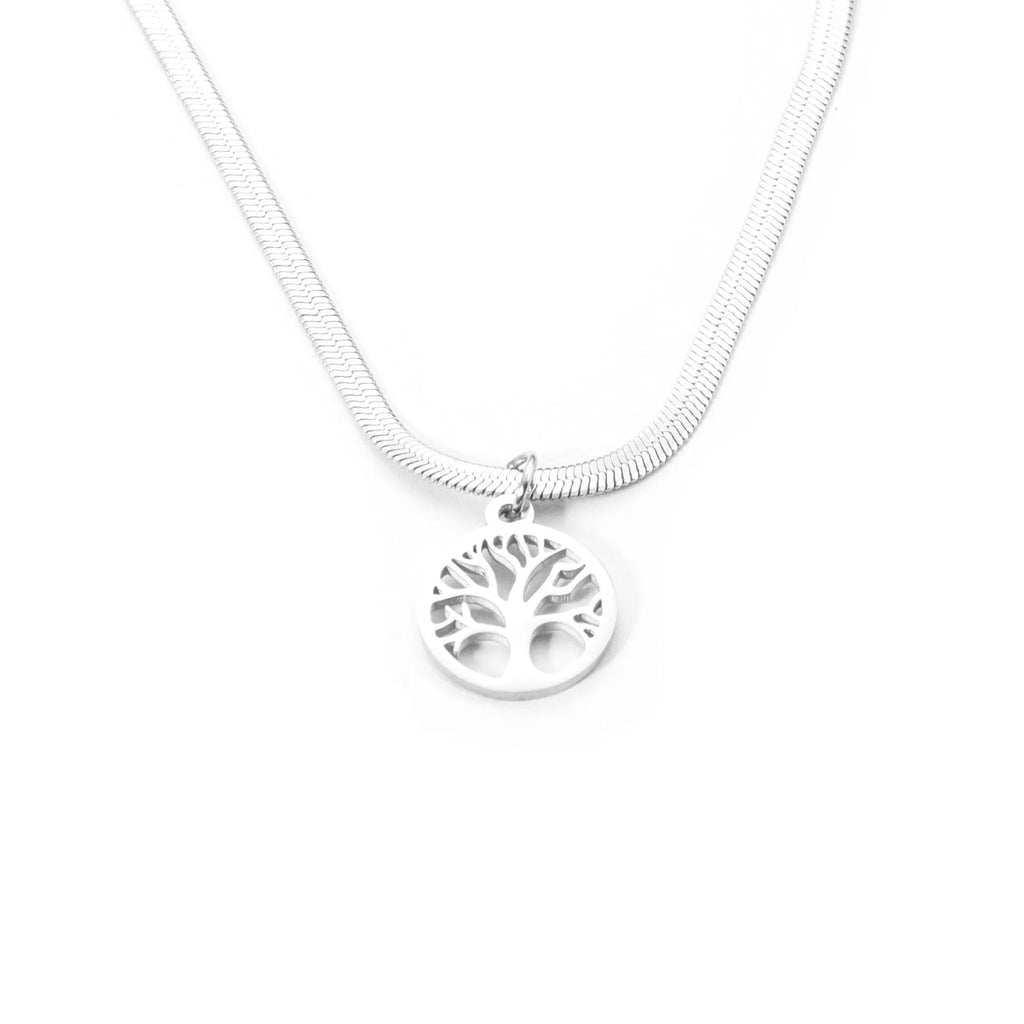 Stainless steel necklace with tree pendant on snake bone chain in gold colour option