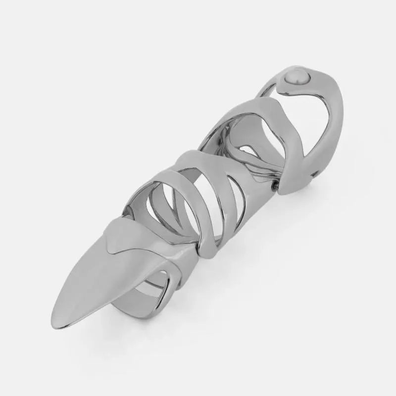 Polished silver alloy punk armour finger stall ring showing detailed sculpted metal design