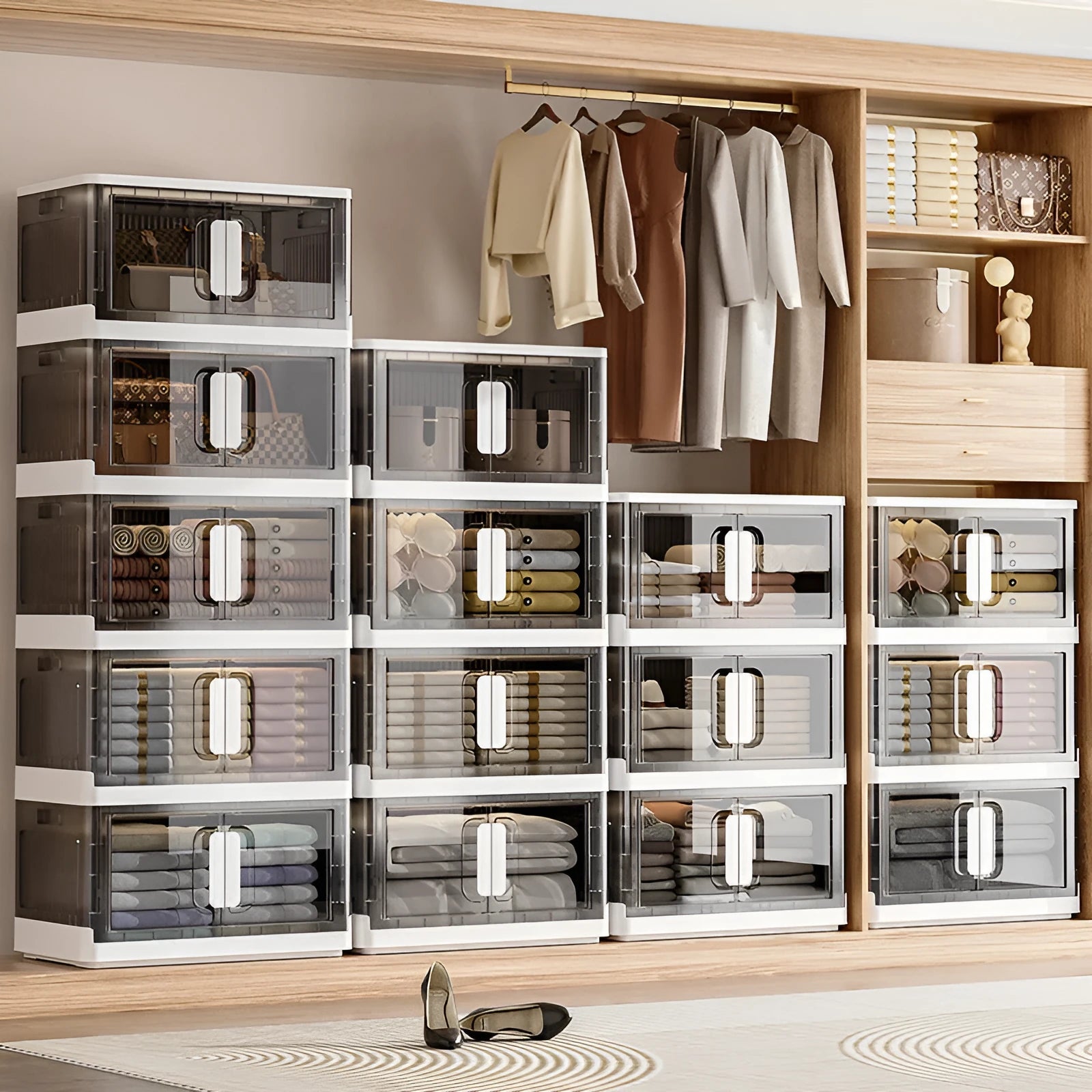 Foldable household storage locker with wheels in white or grey, showing shelf layers and door.