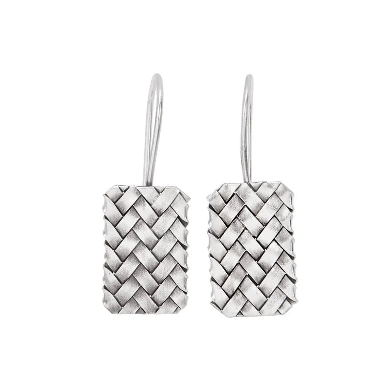 925 silver woven diamond plaid geometric earrings for women, silver colour, 17.5mm by 11mm.