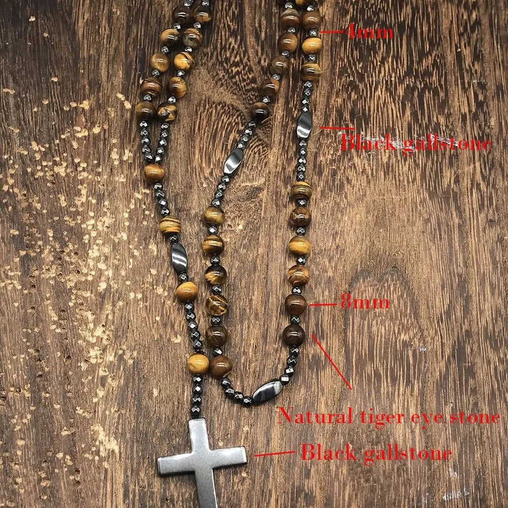 Stone geometric cross pendant on 80cm ball bead chain with safety lock clasp