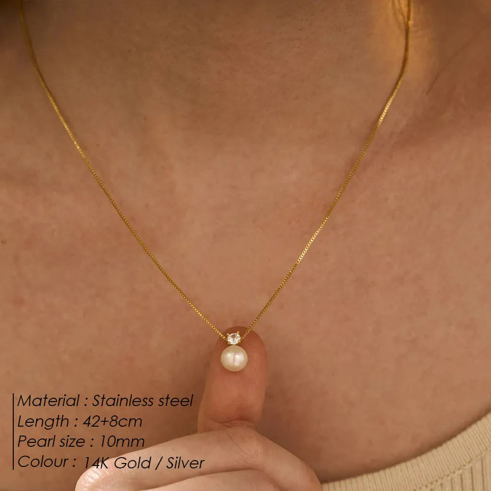 Women's stainless steel necklace with imitation pearl and zircon pendant in new Chinese style