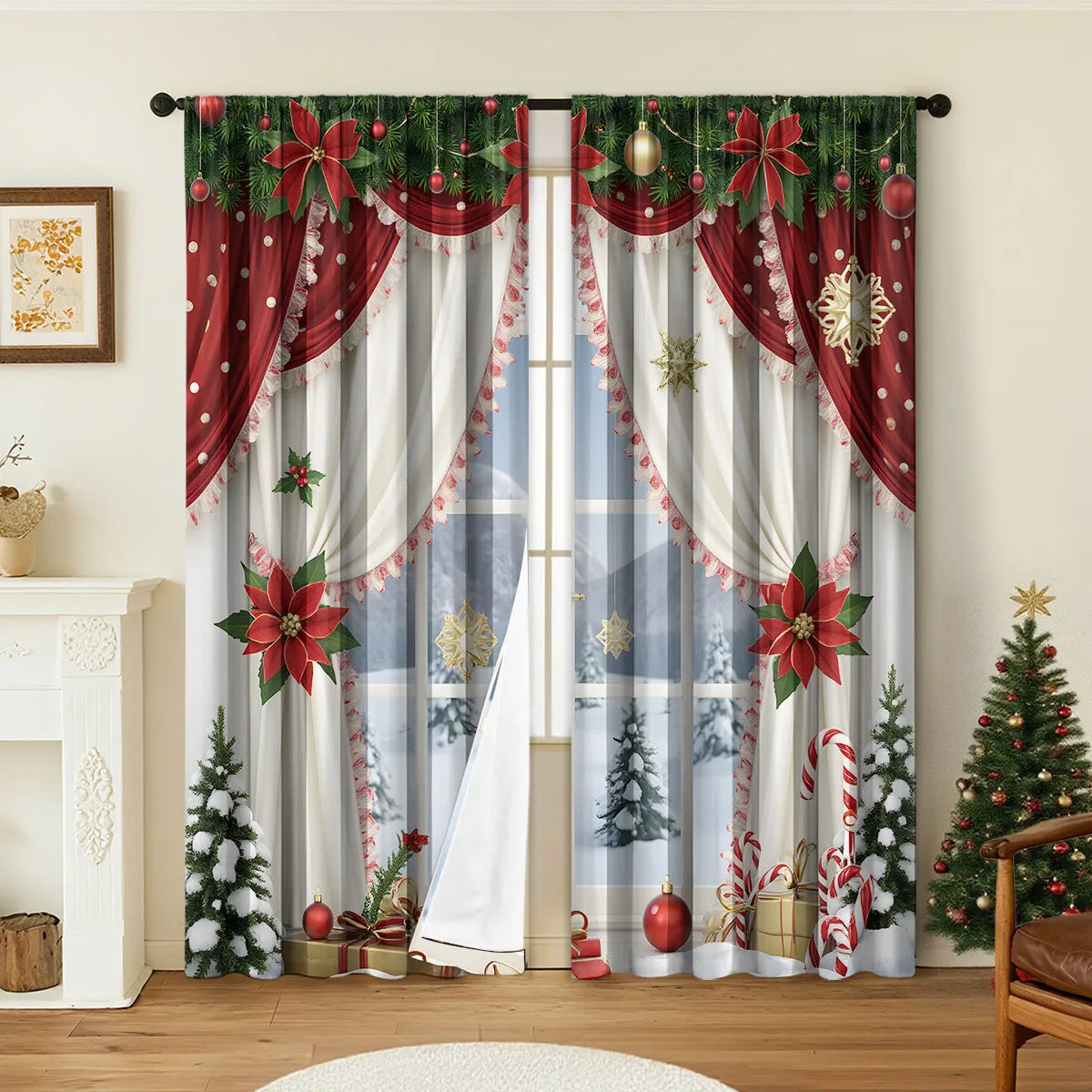 Pair of 3D digitally printed Christmas pattern polyester curtains hanging on a window.