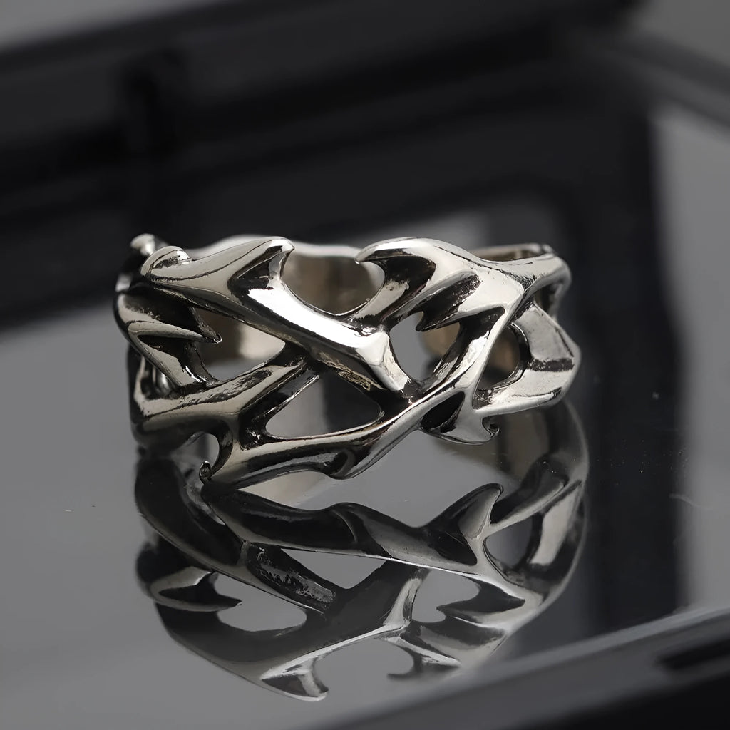 Copper mens ring with geometric thorn flower pattern and adjustable opening mechanism