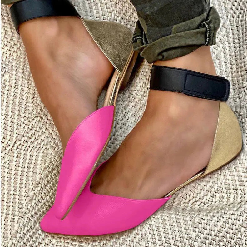 Women's casual velcro sandals in beige with a hollowed design and flat heel.