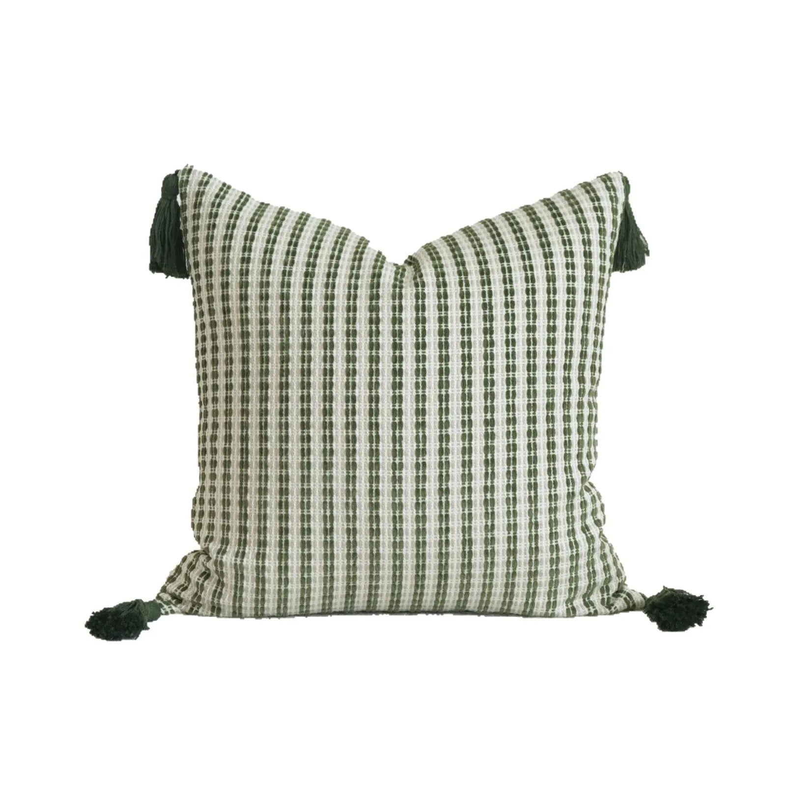 Green decorative pillow with botanical embroidery on cotton linen fabric, shown with tassel and bead details.