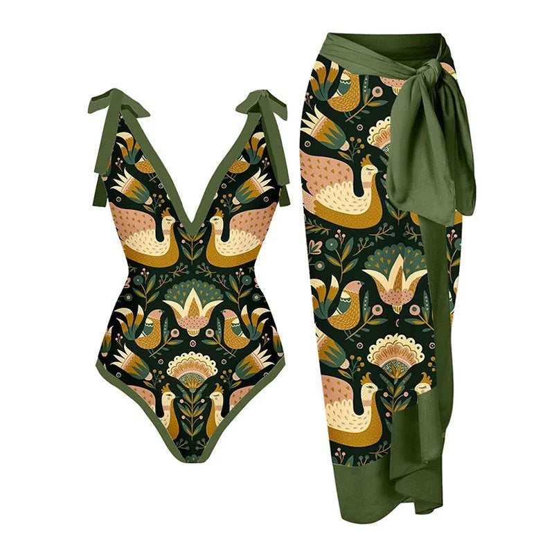 Women's solid colour one-piece swimsuit with spaghetti straps and an attached skirt.