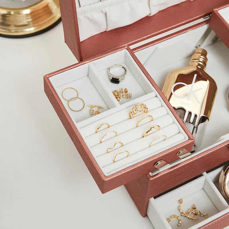 PU leather jewellery storage box in black, pink, rose gold or beige measuring 22.5×15.5×14cm