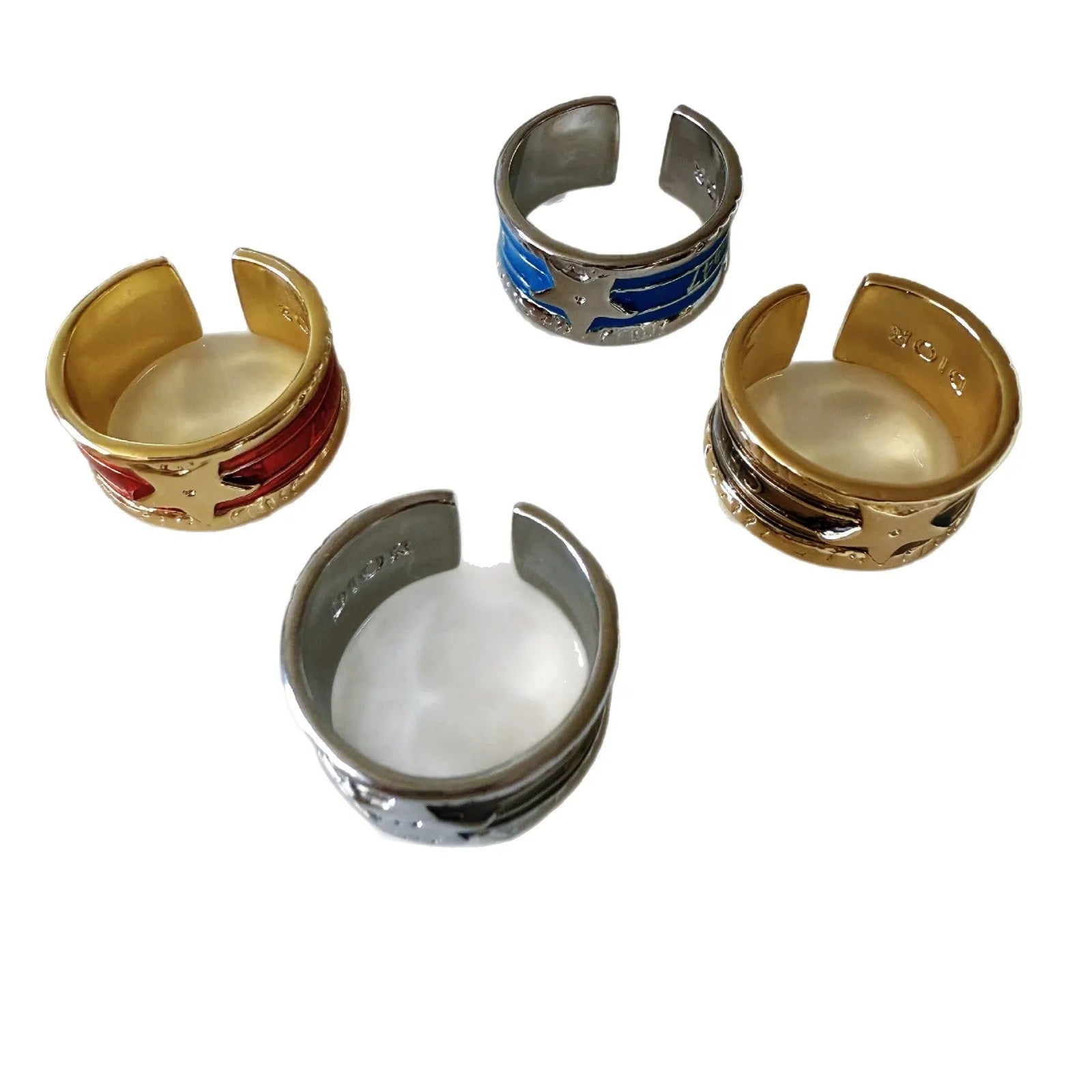 Adjustable copper geometry ring with distressed electroplated finish in four colour options