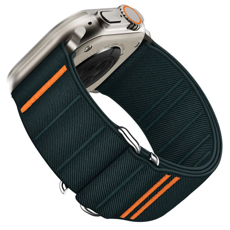 Elastic nylon watchband with stainless steel buckle for Apple Watch in multiple colour options.