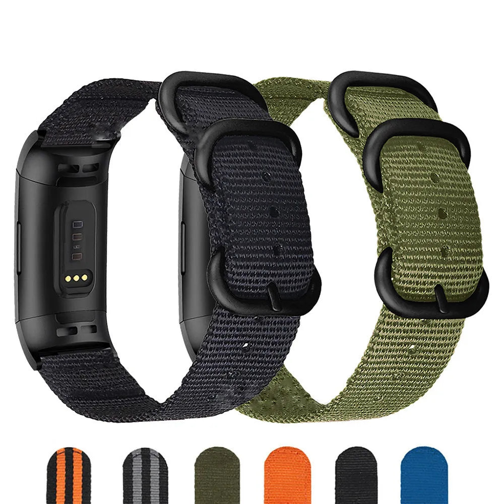 Fitbit Charge nylon replacement watch strap with a three-ring metal buckle shown in Army Green colour.