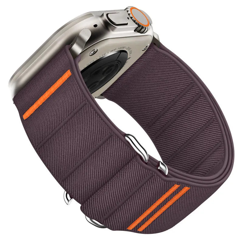 Elastic nylon watchband with stainless steel buckle for Apple Watch in multiple colour options.