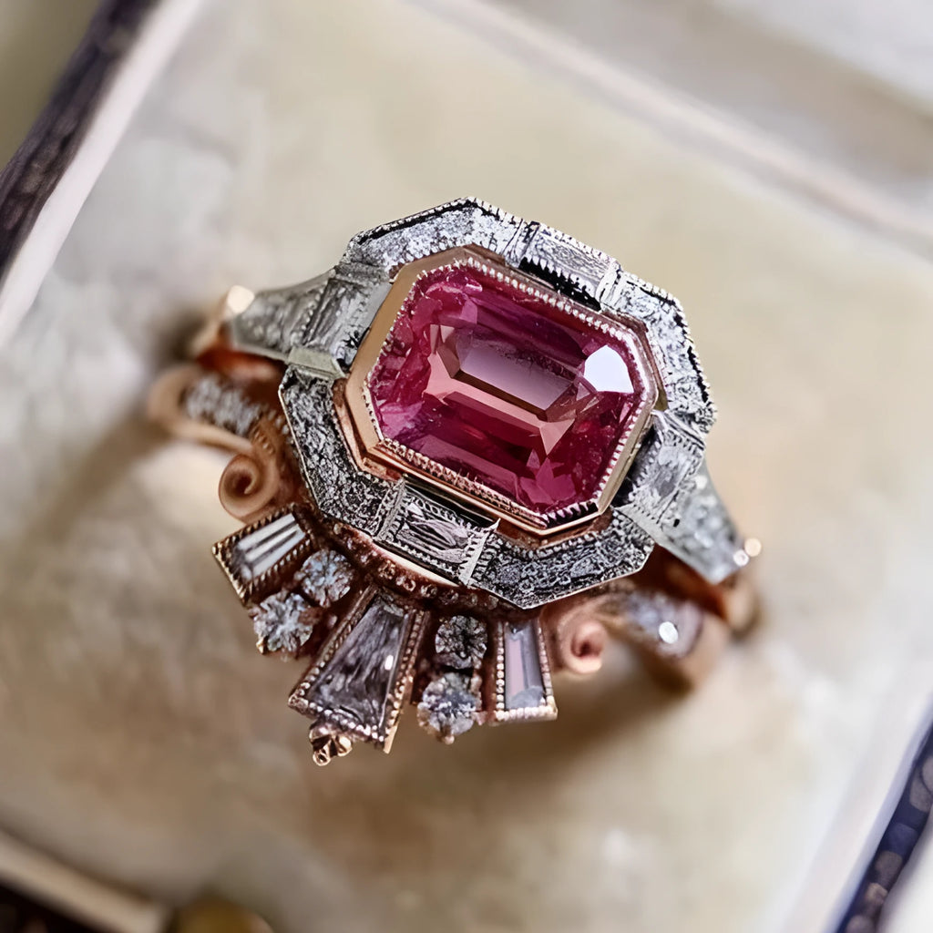 Rose gold coloured geometric women's alloy ring with a ruby detail on a white background.