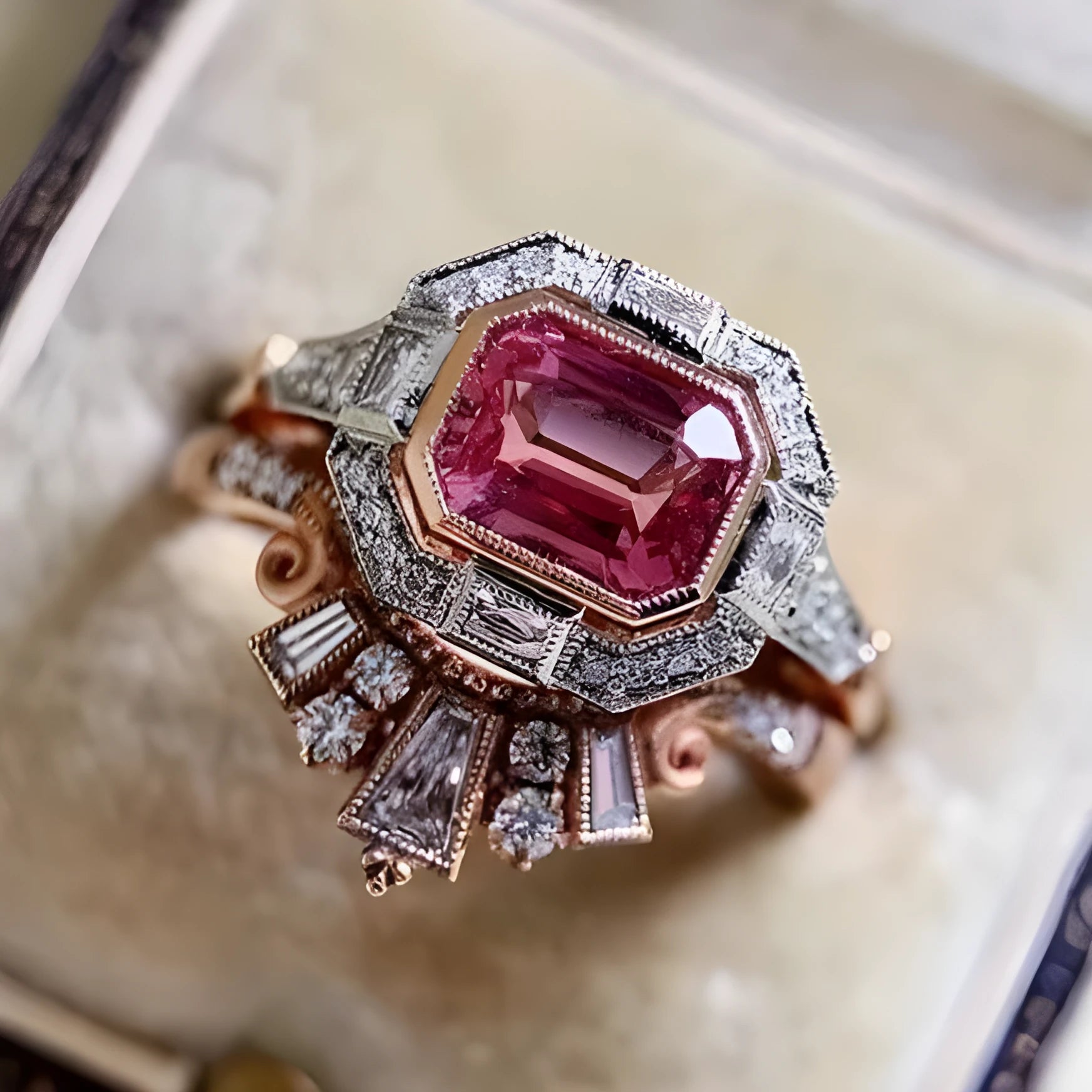 Rose gold coloured geometric women's alloy ring with a ruby detail on a white background.