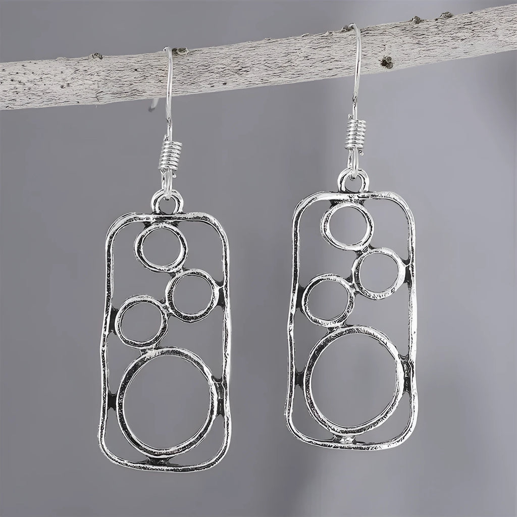 Geometric round ring earrings with irregular square design in antique silver finish