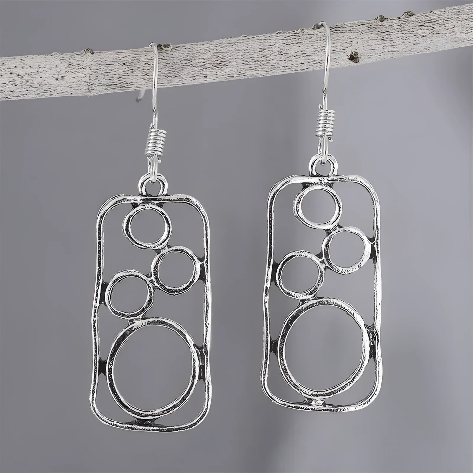 Geometric round ring earrings with irregular square design in antique silver finish