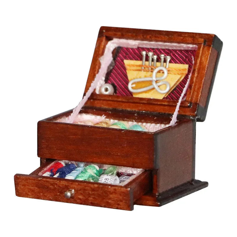 Miniature European style birch wood sewing box accessory for vintage sewing machines