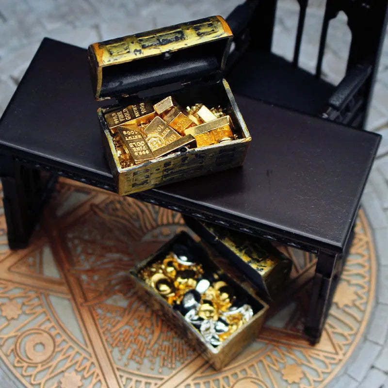 Alloy gold coin treasure box doll house miniature ornaments with gold bar combinations