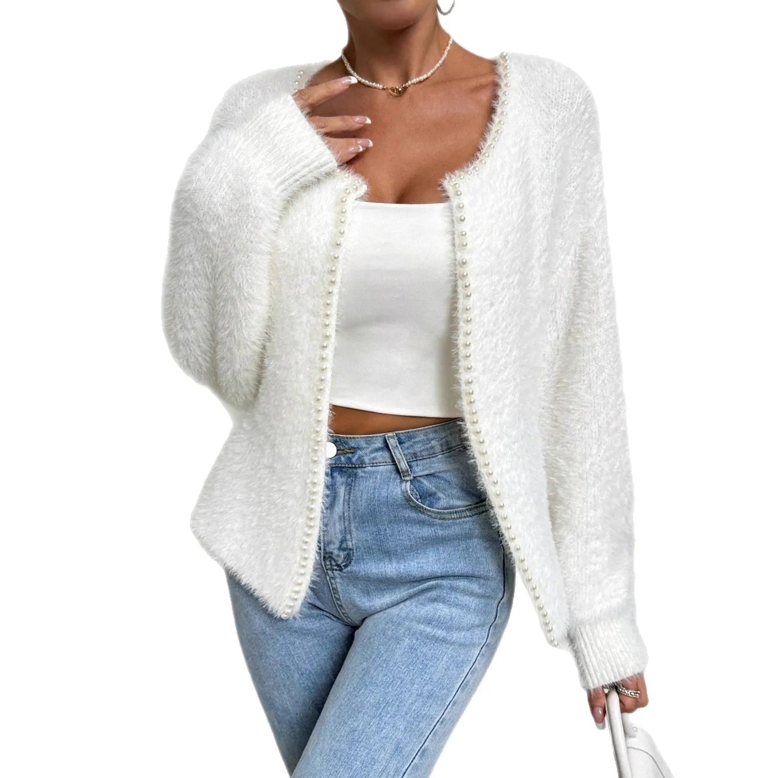 Women's white V-neck cardigan sweater with medium thickness and normal length