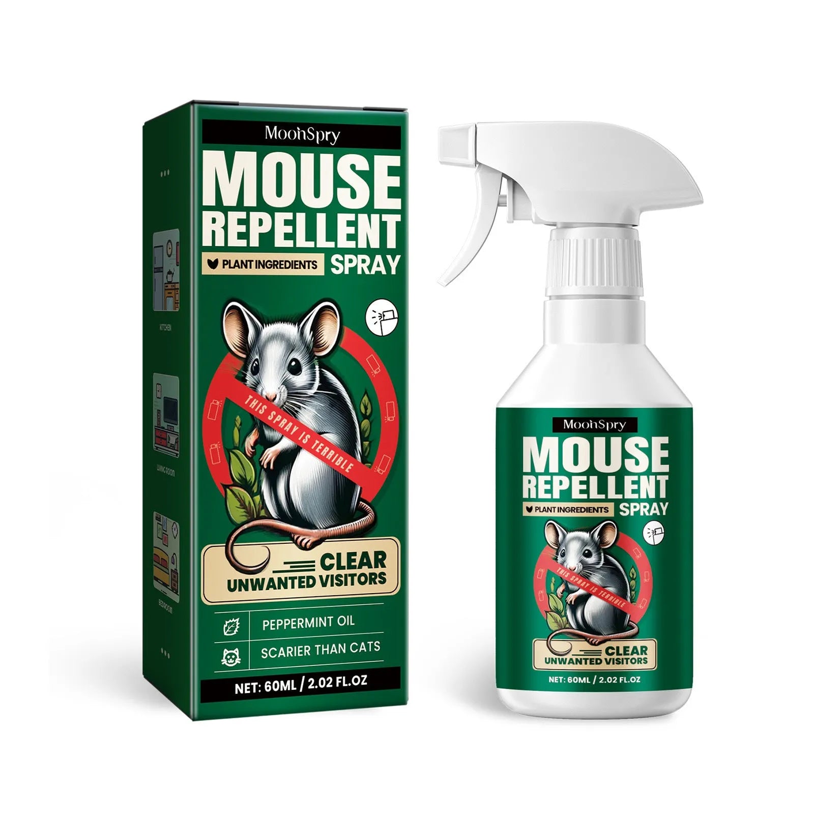 60ml bottle of rat repellent spray with essential oils for home, car and outdoor use.