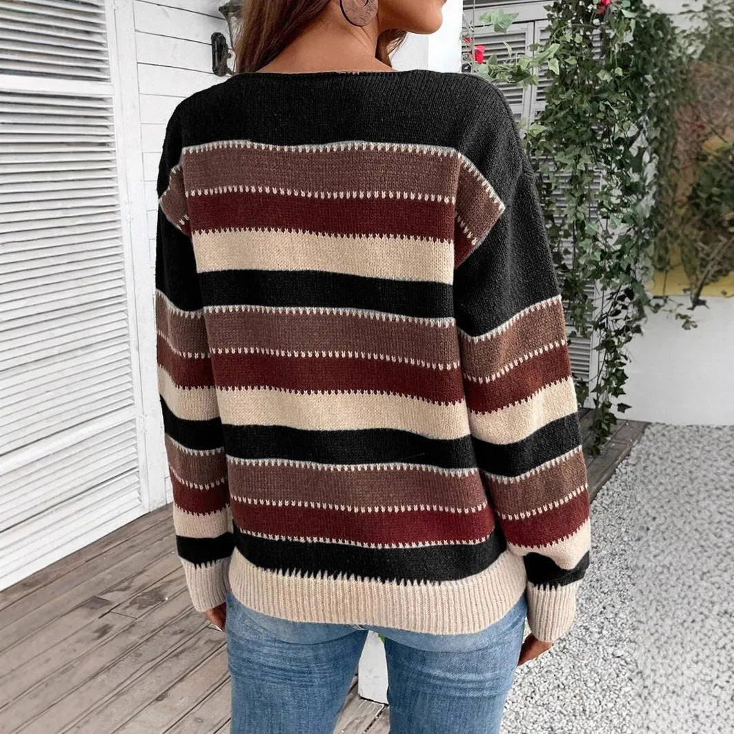 Women's colour-block striped polyester pullover sweater in casual style with long sleeves