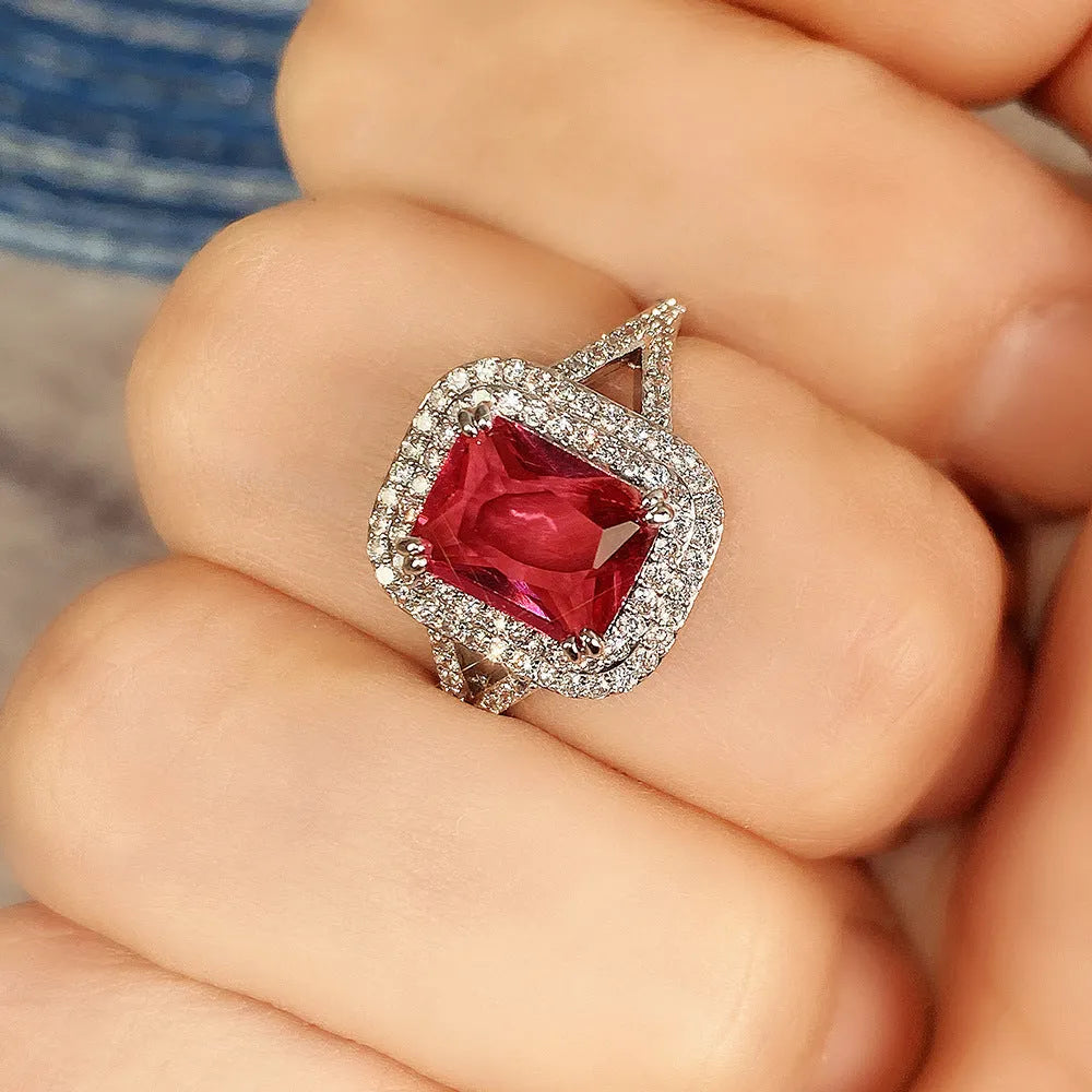 Women's copper geometric square rhinestone ring in F827 Red colour showing princess-style design
