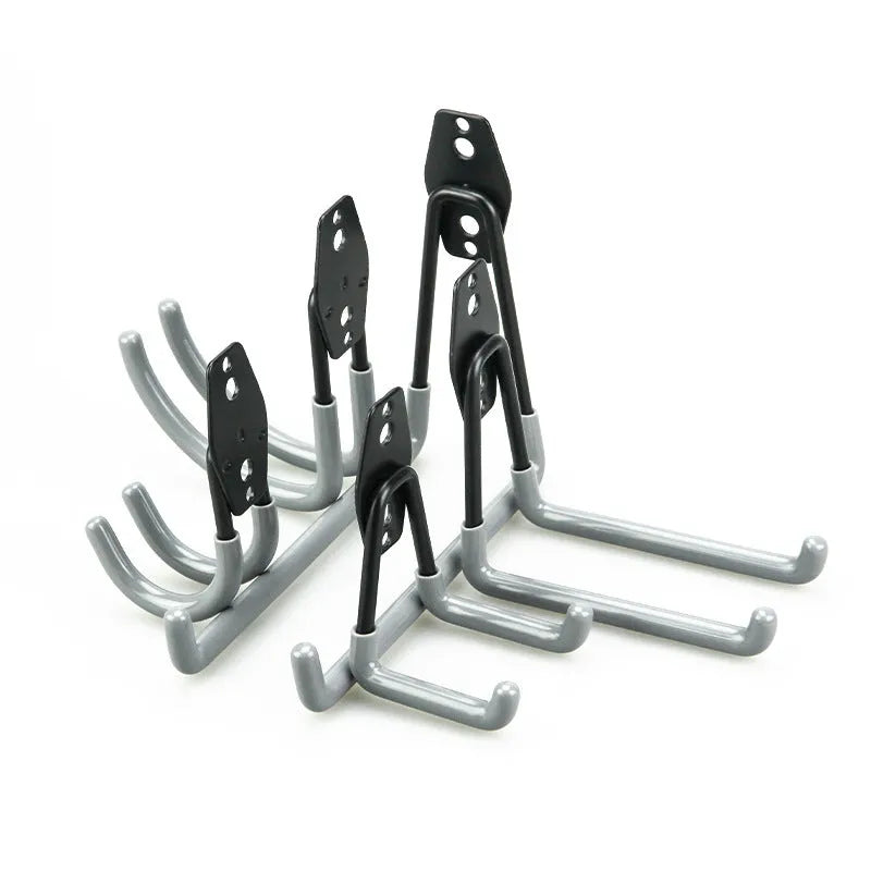 Bright orange carbon steel storage hooks for wire wrap board organisation, shown with mounting screws.