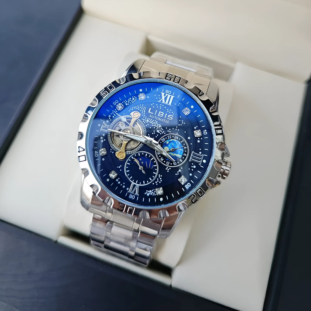 Men's silver automatic mechanical watch with starry dial, black genuine leather strap, and transparent case back showing movement