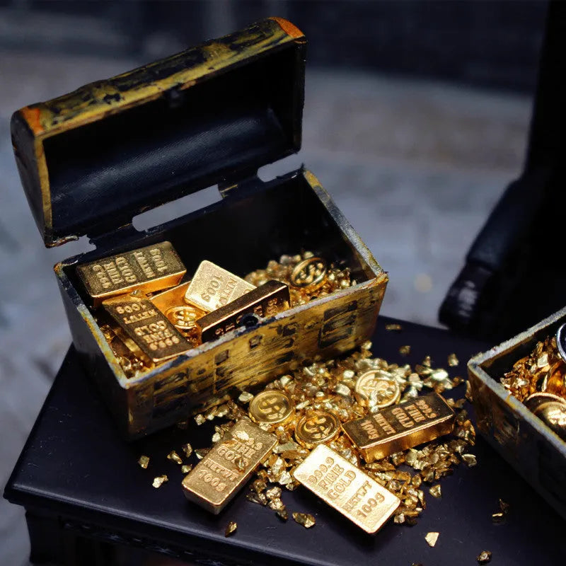 Alloy gold coin treasure box doll house miniature ornaments with gold bar combinations