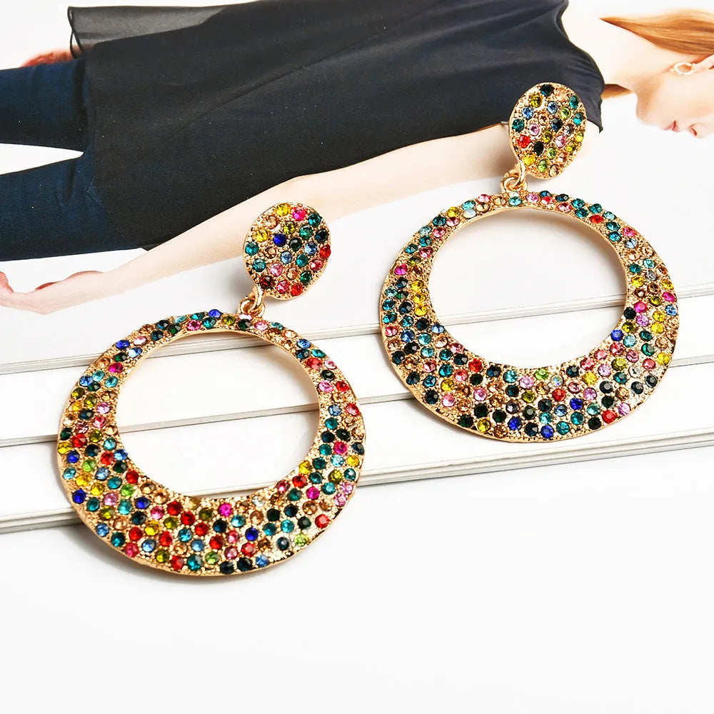 Women's colourful cartoon-style metal pendant earrings with large round design and diamond elements