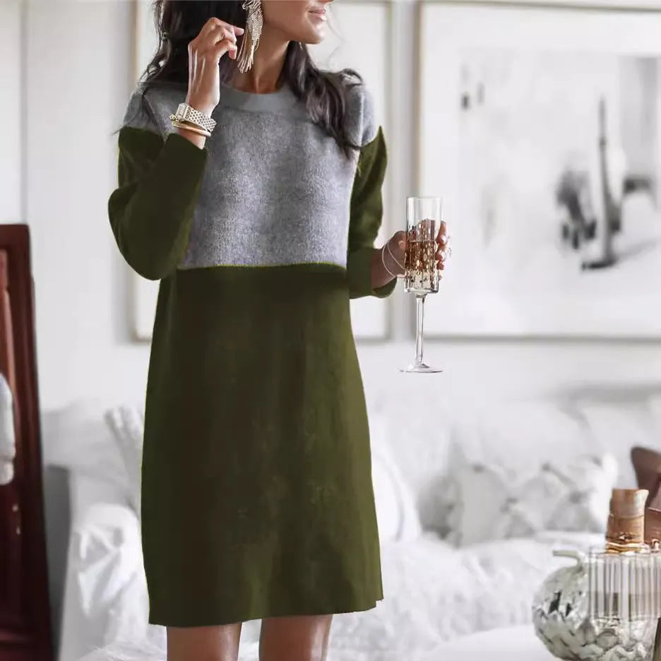 Brown women's patchwork sweater dress with long sleeves and art retro styling