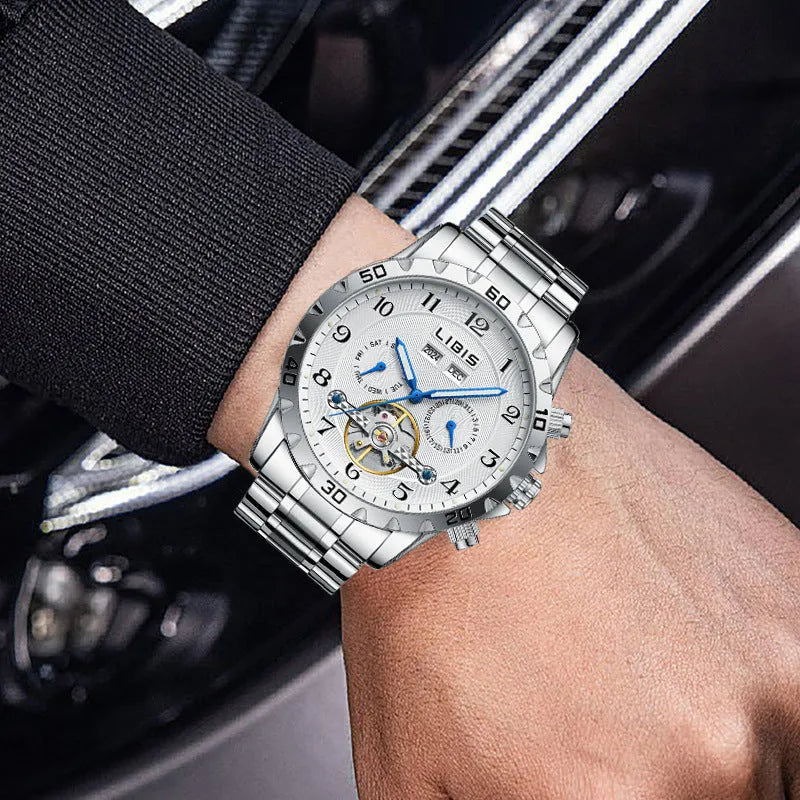 Men's silver automatic perpetual calendar watch with stainless steel strap