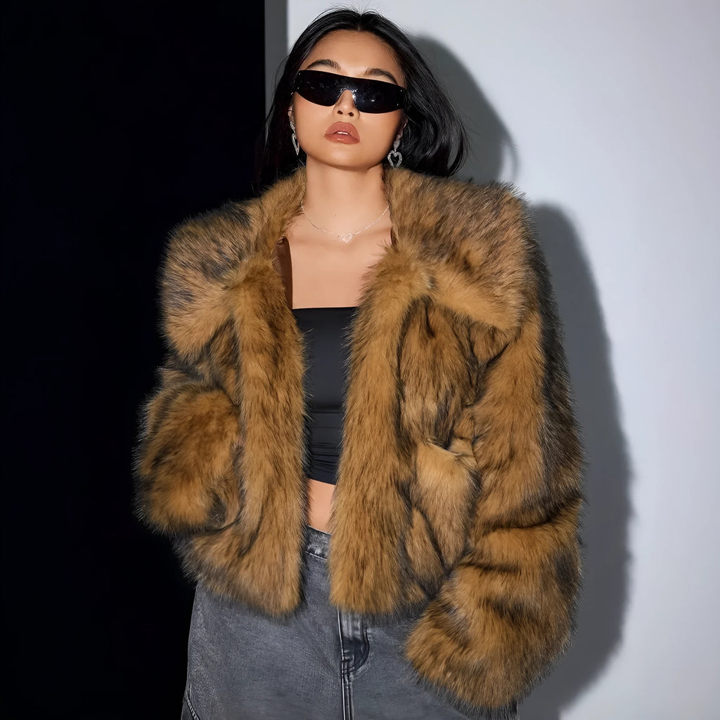 Artificial fox fur coat with fur collar in multiple colour options showing plush texture and winter styling