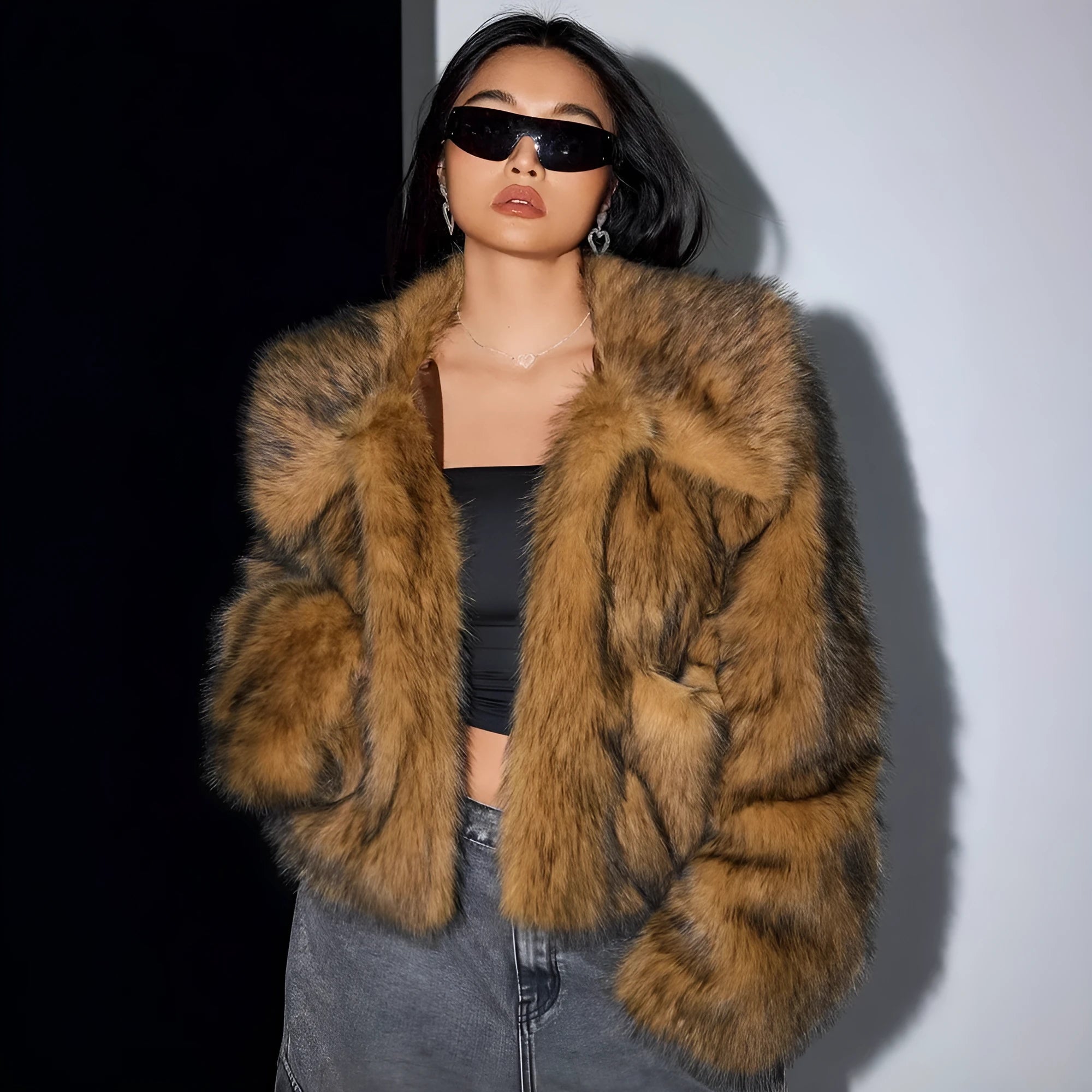 Artificial fox fur coat with fur collar in multiple colour options showing plush texture and winter styling