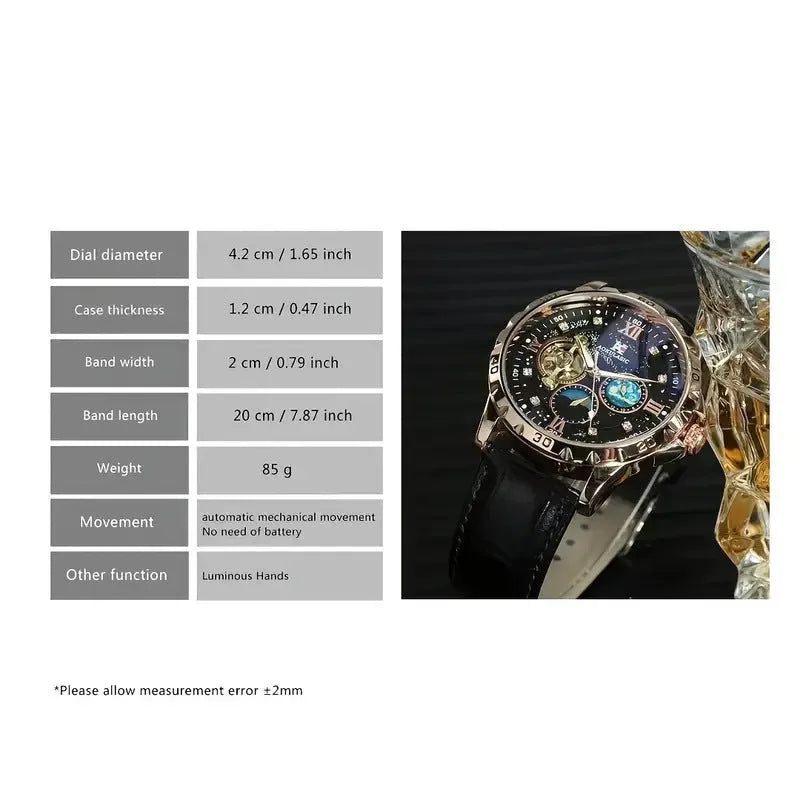 Men's black and rose gold automatic mechanical watch with transparent case back and genuine leather strap