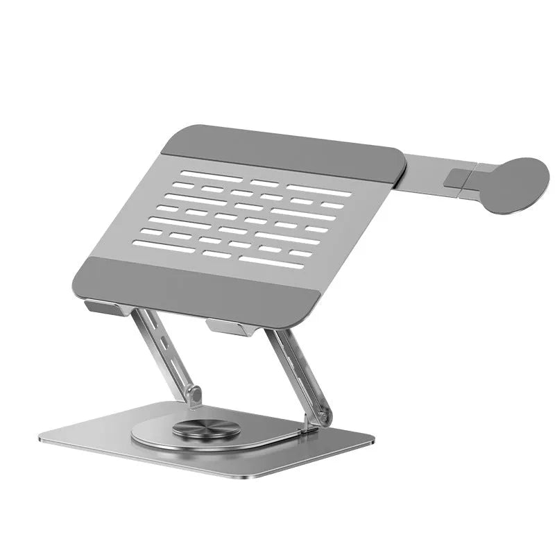 Silver carbon steel laptop stand with side-mounted magnetic phone holder rotated at 45-degree angle