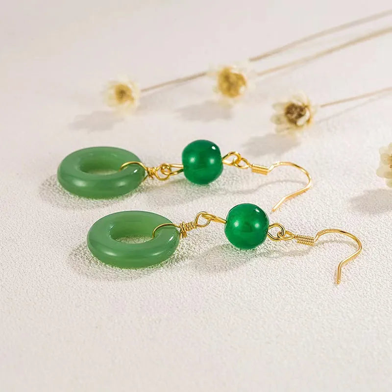 Pair of Chinese style geometric peace buckle earrings with green jade colour and gold plating