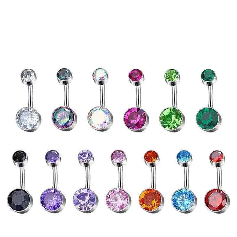 Titanium alloy navel piercing stud with double zircon decoration and internal thread closure in various colours