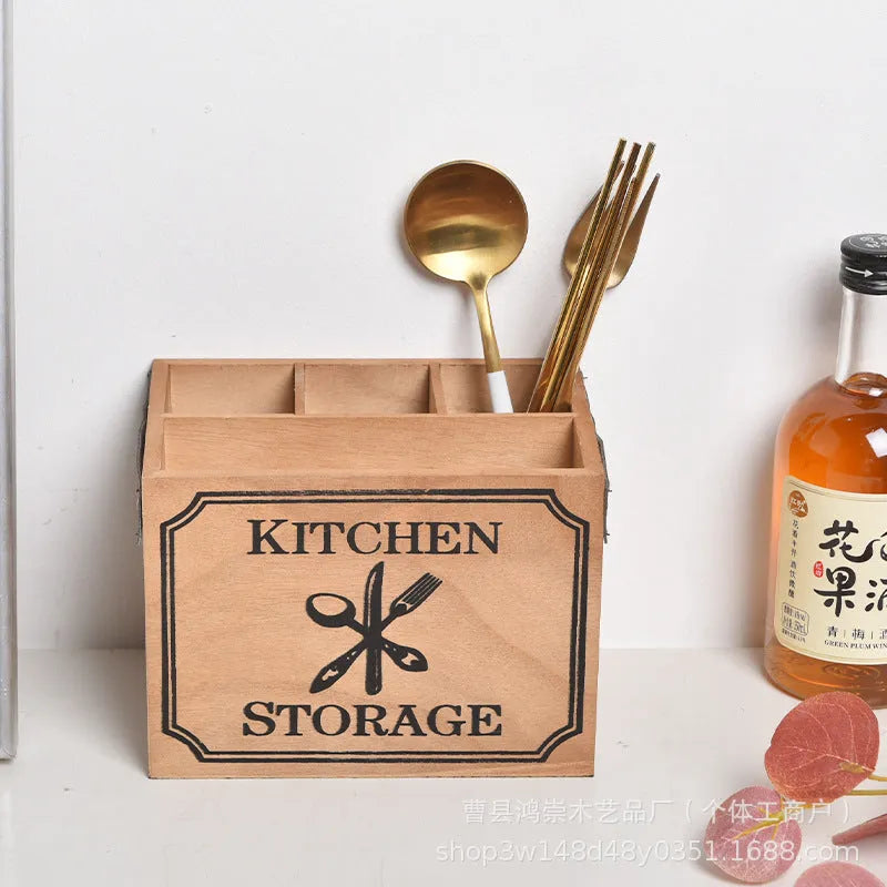 Wooden kitchen storage box with grid dividers for cutlery organisation