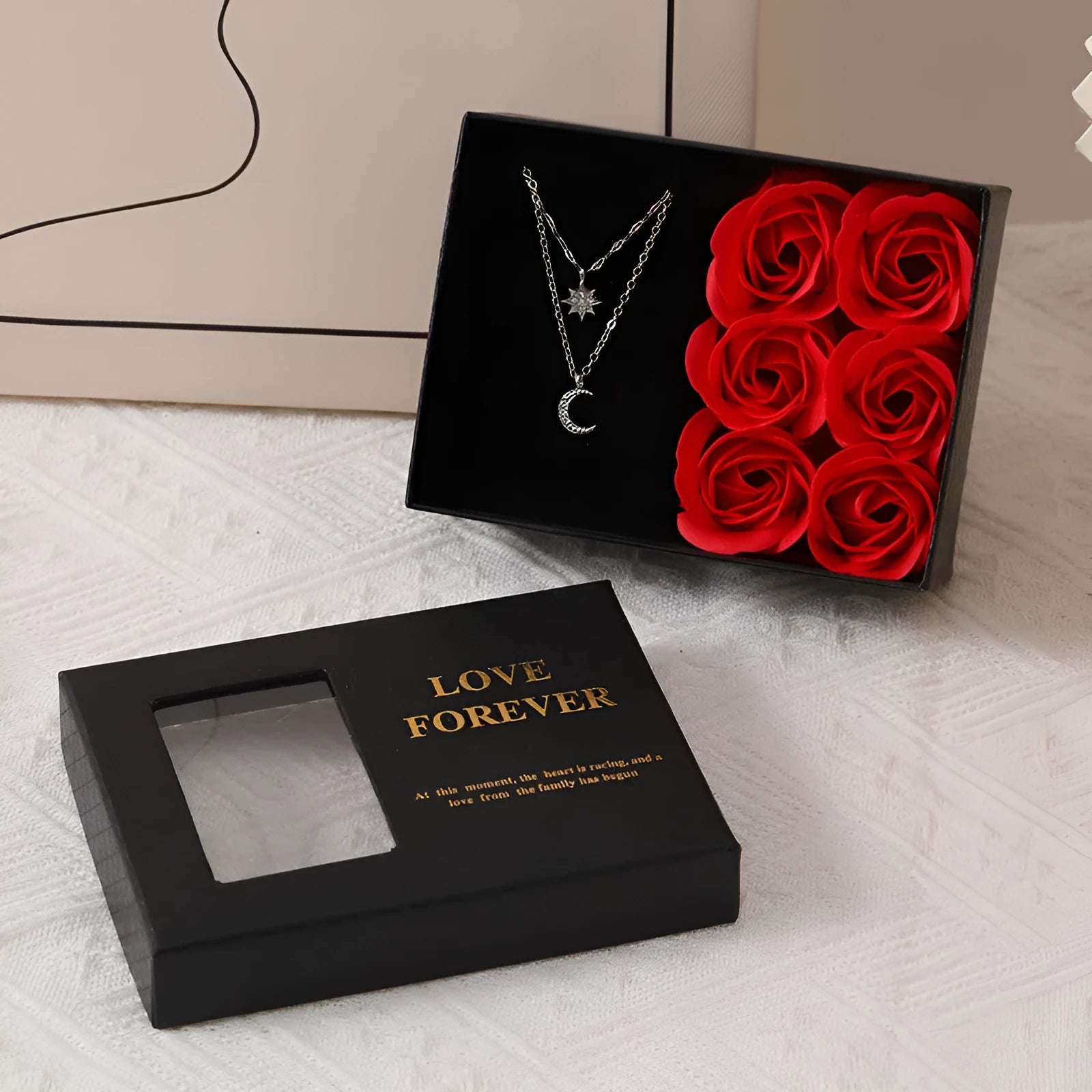 Six soap flower artificial roses in Korean-style gift packaging with choice of red, pink, or black colours