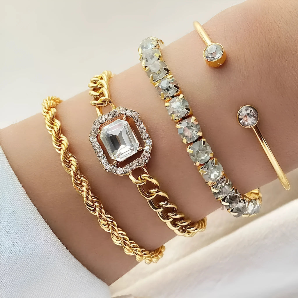 Retro geometric alloy bracelet set with metal chain square diamond design in gold or silver four-piece women's jewellery