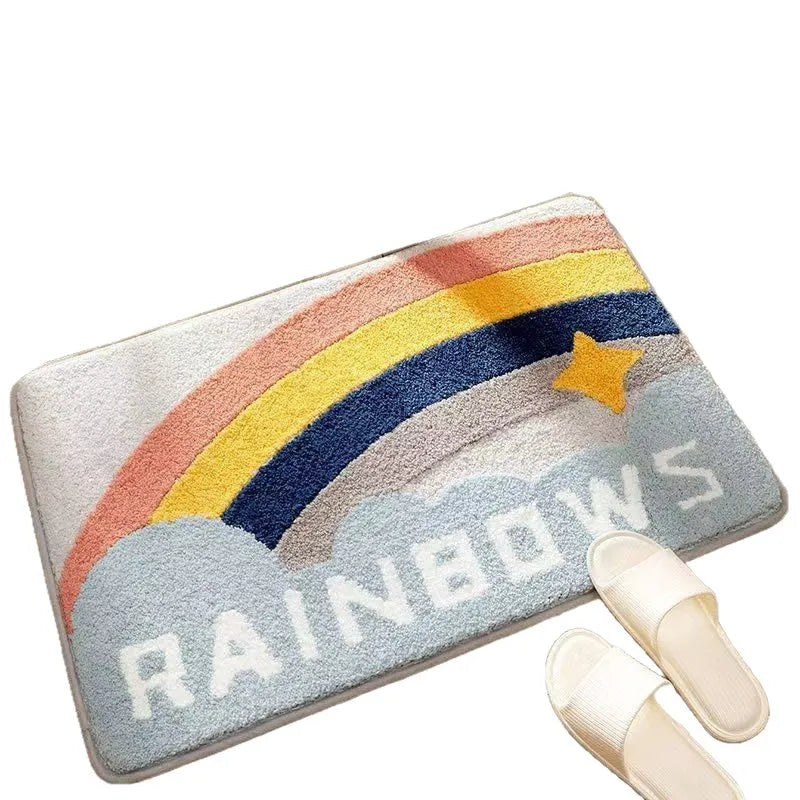 Square polyester fibre floor mat with rainbow pattern in sky sea colours and plastic bottom backing