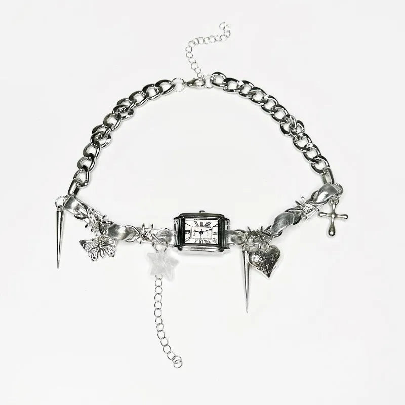 Dark multi-layer cross necklace with twin clavicle chain, adjustable 41-50cm length, alloy construction