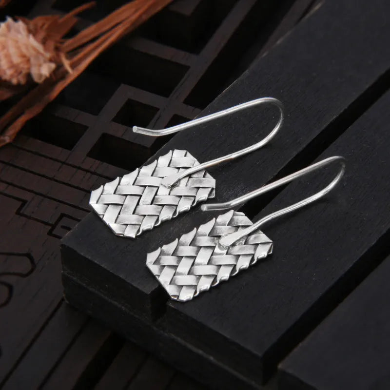925 silver woven diamond plaid geometric earrings for women, silver colour, 17.5mm by 11mm.